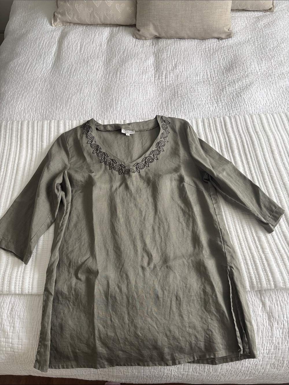 V Neck Embroidered Tunic Top - Olive